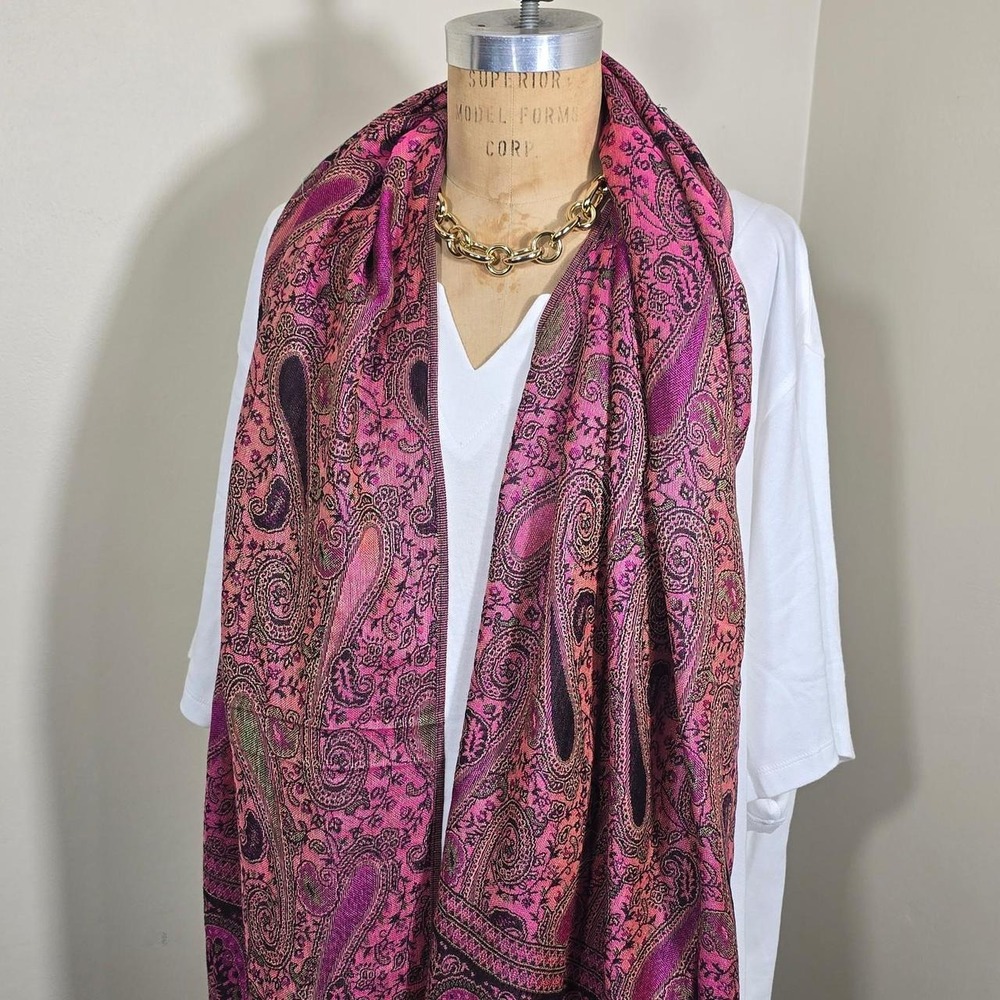 Large pink paisley fringe scarf shawl